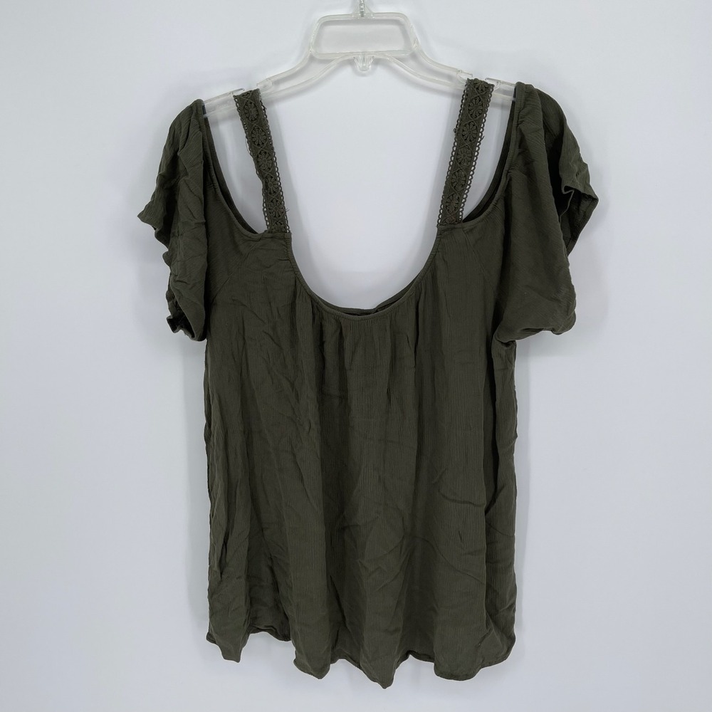 Torrid Women's Olive Green Crochet Lace Strap Cold Shoulder Blouse Top Size 1